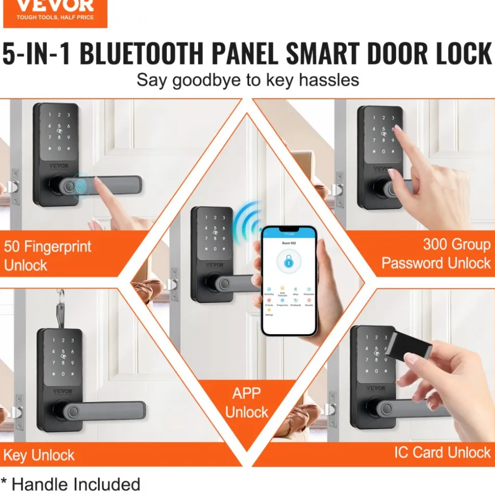 VEVOR Smart Lock, 5-in-1 Smart Door Knob, Fingerprint Deadbolt with App Control, Bluetooth Smart Lock, Keyless Entry Door Lock with Handle, Biometric Door Lock, Keypad Digital Door Lock for Front Door