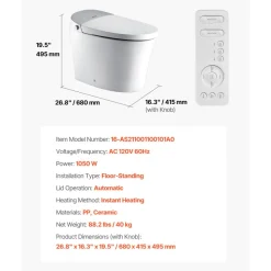 VEVOR Smart Toilet, Air Drying, Elongated Smart Toilet with Heated Seat, Clean Nozzle & Auto Freshening System, Auto Open/Close Toilet with Remote Control & LED Digital Display, Fits for Bathrooms