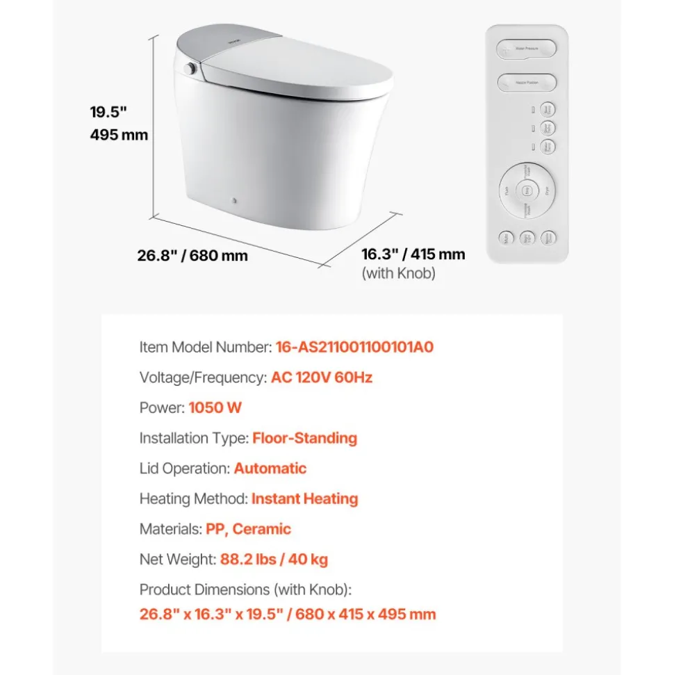VEVOR Smart Toilet, Air Drying, Elongated Smart Toilet with Heated Seat, Clean Nozzle & Auto Freshening System, Auto Open/Close Toilet with Remote Control & LED Digital Display, Fits for Bathrooms