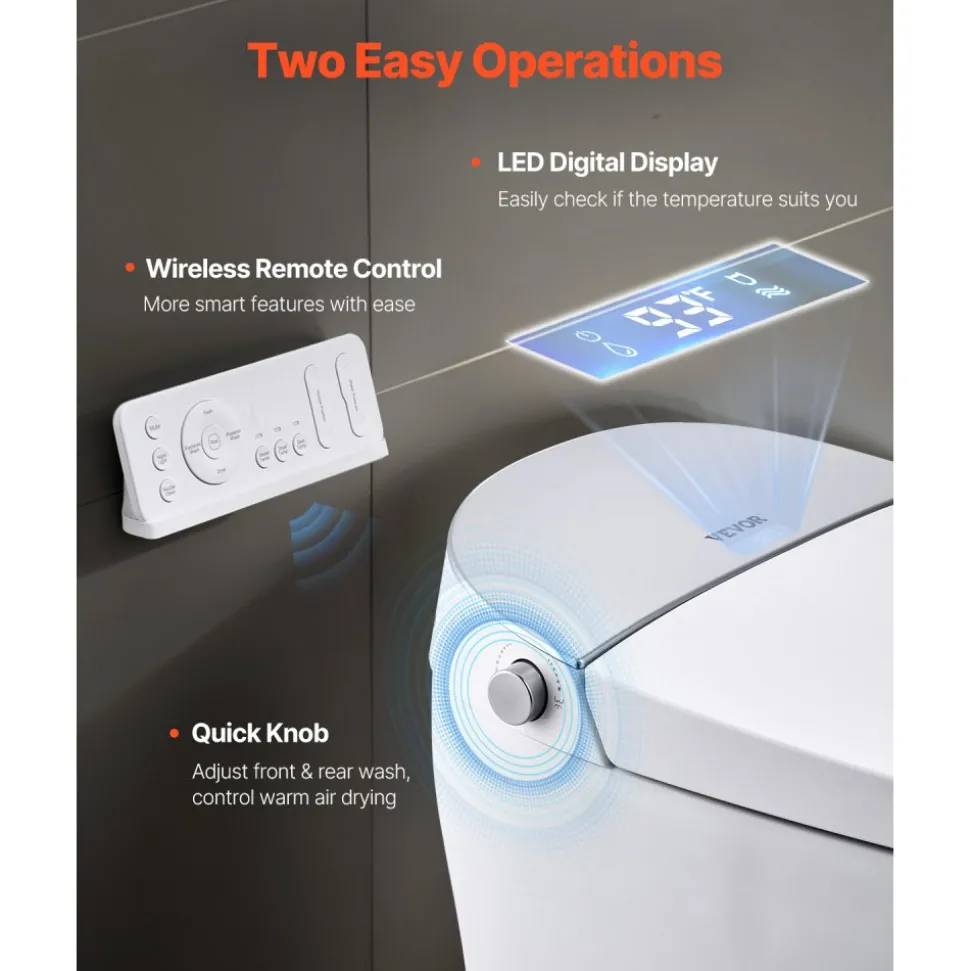 VEVOR Smart Toilet, Air Drying, Elongated Smart Toilet with Heated Seat, Clean Nozzle & Auto Freshening System, Auto Open/Close Toilet with Remote Control & LED Digital Display, Fits for Bathrooms