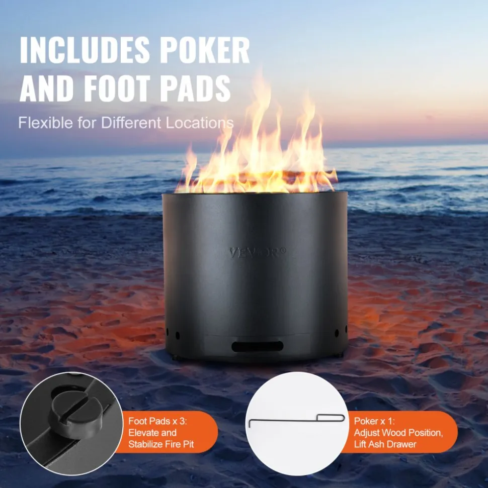 VEVOR Smokeless Fire Pit Stove Bonfire, H: 12.6 in x Dia: 15 in ,Wood Burning Fireplaces with Removable Ash Pan, SUS430 Stainless Steel inner Portable Outdoor Firepit, Ideal for Outdoor Patio Camping