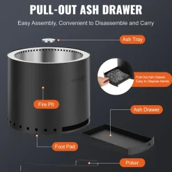 VEVOR Smokeless Fire Pit Stove Bonfire, H: 12.6 in x Dia: 15 in ,Wood Burning Fireplaces with Removable Ash Pan, SUS430 Stainless Steel inner Portable Outdoor Firepit, Ideal for Outdoor Patio Camping