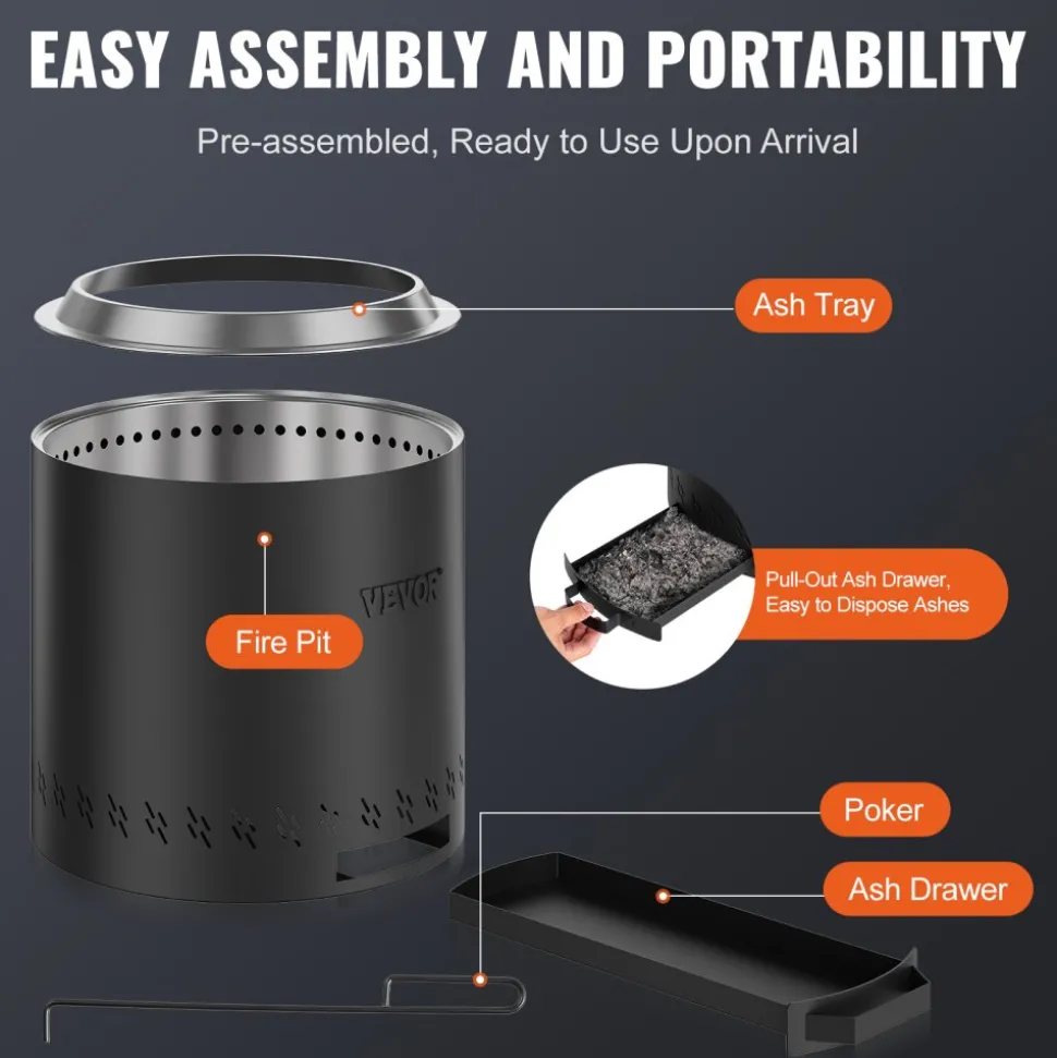 VEVOR Smokeless Fire Pit Stove Bonfire, H: 15.4 in x Dia: 15.7 in ,Wood Burning Fireplaces with Removable Ash Pan, SUS430 Stainless Steel Inner Portable Outdoor Firepit,for Outdoor Patio Camping