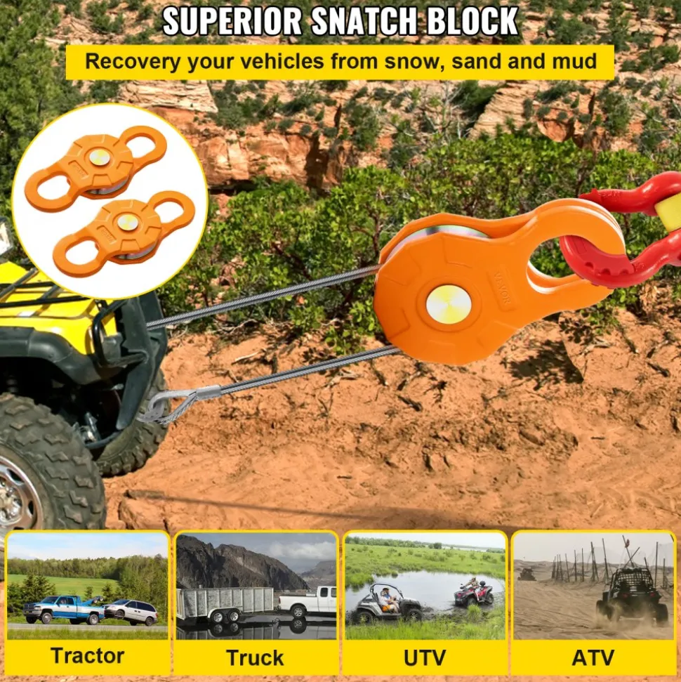 VEVOR Snatch Block, 11T/25,000 LBS Working Load Limit, Heavy Duty Winch Pulley for 0.55"/14 mm Synthetic Rope or Soft Shackles, Off-Road Recovery Accessories for Tractor, Truck, ATV & UTV, 2 Packs