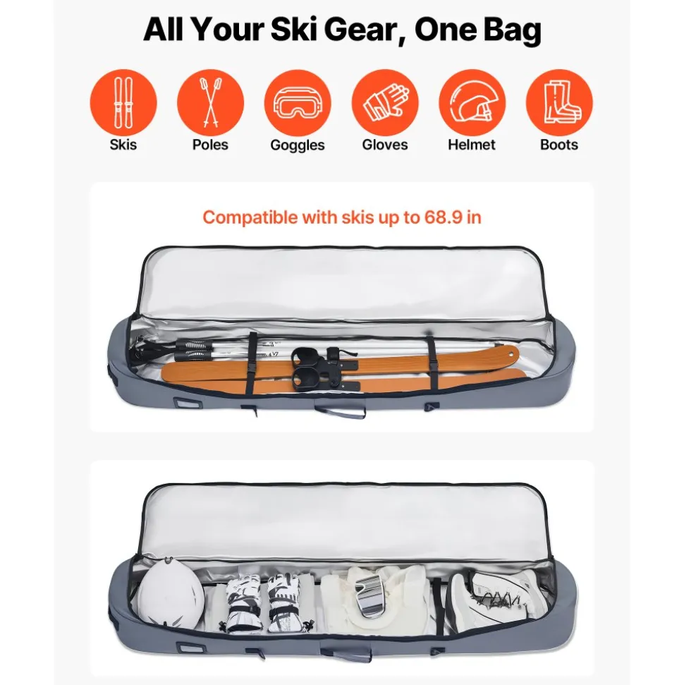 VEVOR Snowboard Bag, Up to 65 in/165 cm, Padded Skis & Snowboards Bag for Air Travel, 600D Waterproof Oxford Fabric, with Adjustable Inner Straps, for Skis Poles Goggles Gloves Helmet Boots (Gray)