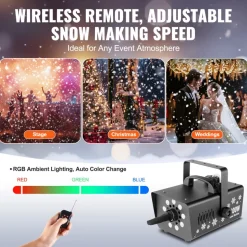 VEVOR Snow Machine, 800W Snow Making Machine with 8 LED RGB Lights and Remote Control, High Output Snowflake Maker Stage Snow Effect for Christmas, Halloween, Wedding, DJ Parties and Valentine's Day