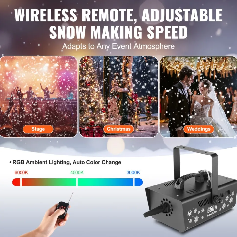 VEVOR Snow Machine, 650W Wireless Remote Control Snow Maker Machine with 1L Tank High Output Portable Premium Artificial Snowflake Machines for Christmas Holidays Parties Wedding Stage Effect