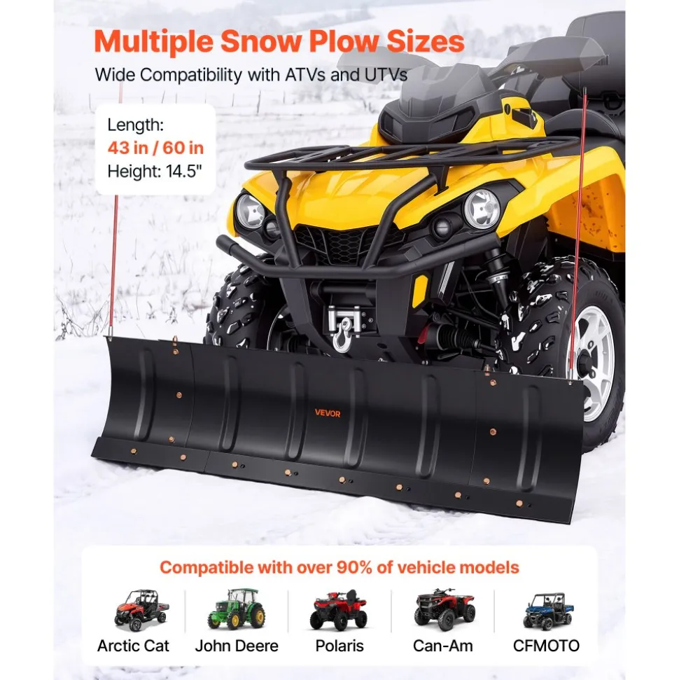 VEVOR Snow Plow Kit 43 in/60 in Width Adjustable Universal Plow Attachment, for Most ATVs and UTVs, Height & Left-Right Adjustable, 3 Mount Options, Steel ATV Scrape Blade, Efficient Snows Clearing