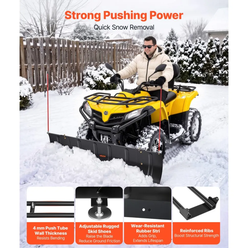 VEVOR Snow Plow Kit 43 in/60 in Width Adjustable Universal Plow Attachment, for Most ATVs and UTVs, Height & Left-Right Adjustable, 3 Mount Options, Steel ATV Scrape Blade, Efficient Snows Clearing