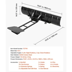 VEVOR Snow Plow Kit 43 in/72 in Width Adjustable Universal Plow Attachment, for Most ATVs and UTVs, Height & Left-Right Adjustable, 3 Mount Options, Steel ATV Scrape Blade, Efficient Snows Clearing
