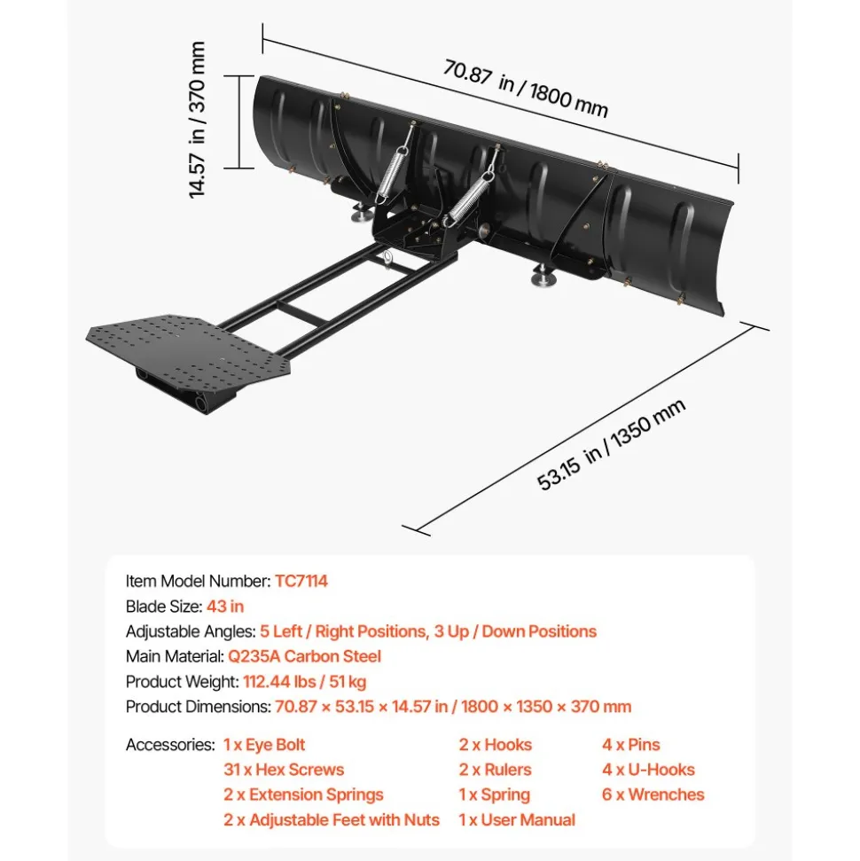 VEVOR Snow Plow Kit 43 in/72 in Width Adjustable Universal Plow Attachment, for Most ATVs and UTVs, Height & Left-Right Adjustable, 3 Mount Options, Steel ATV Scrape Blade, Efficient Snows Clearing