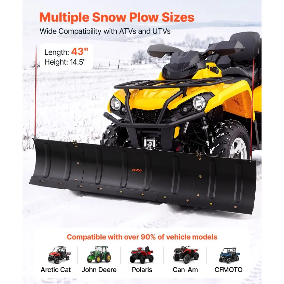 VEVOR Snow Plow Kit 43 in/72 in Width Adjustable Universal Plow Attachment, for Most ATVs and UTVs, Height & Left-Right Adjustable, 3 Mount Options, Steel ATV Scrape Blade, Efficient Snows Clearing