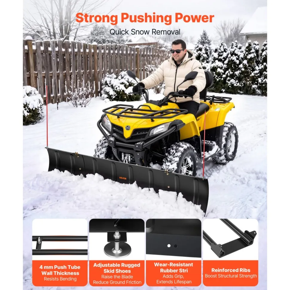VEVOR Snow Plow Kit 43 in/72 in Width Adjustable Universal Plow Attachment, for Most ATVs and UTVs, Height & Left-Right Adjustable, 3 Mount Options, Steel ATV Scrape Blade, Efficient Snows Clearing