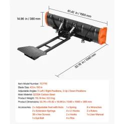 VEVOR Snow Plow Kit 43 in/60 in Width Adjustable Plow Attachment Side Wings, for Most ATVs & UTVs, Height & Left-Right Adjustable, 3 Mount Options, Universal Steel ATV Scrape Blade, Efficient Clearing