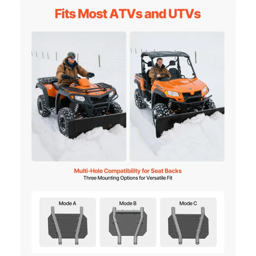 VEVOR Snow Plow Kit 48 in Universal Plow Attachment 3 Mount Options Black, for Most ATVs and UTVs, Height & Left-Right Adjustable, Quick to Detach, Steel ATV Scrape Blade, Efficient Snows Clearing