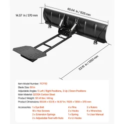 VEVOR Snow Plow Kit 60 in Universal Plow Attachment 3 Mount Options Black, for Most ATVs and UTVs, Height & Left-Right Adjustable, Quick to Detach, Steel ATV Scrape Blade, Efficient Snows Clearing