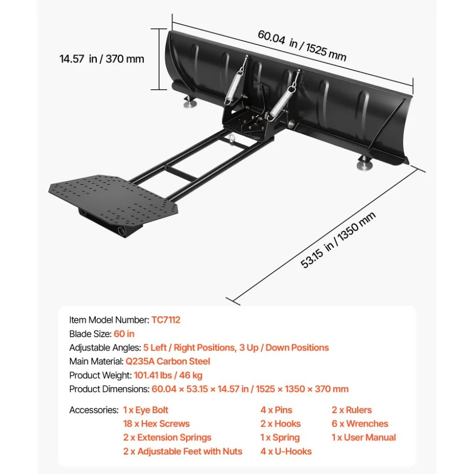 VEVOR Snow Plow Kit 60 in Universal Plow Attachment 3 Mount Options Black, for Most ATVs and UTVs, Height & Left-Right Adjustable, Quick to Detach, Steel ATV Scrape Blade, Efficient Snows Clearing