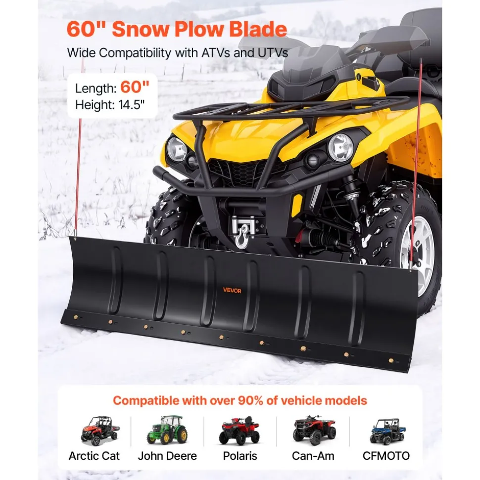 VEVOR Snow Plow Kit 60 in Universal Plow Attachment 3 Mount Options Black, for Most ATVs and UTVs, Height & Left-Right Adjustable, Quick to Detach, Steel ATV Scrape Blade, Efficient Snows Clearing