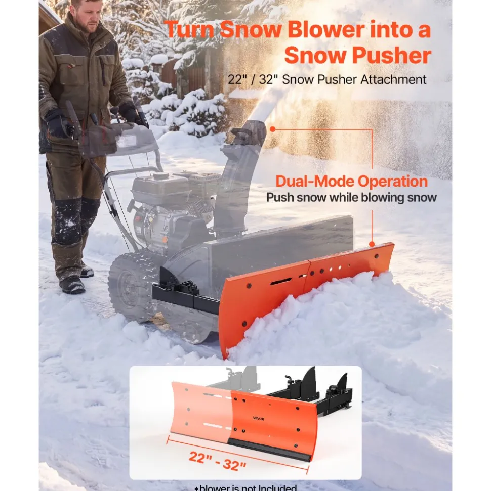 VEVOR Snow Plow Kit 22 to 32 in Width Adjustable Universal Plow Attachment, for Most Snowblowers, Dual-Mode Operation, Quick to Detach, Foldable Steel Scrape Blade, Efficient Snows Clearing, Black