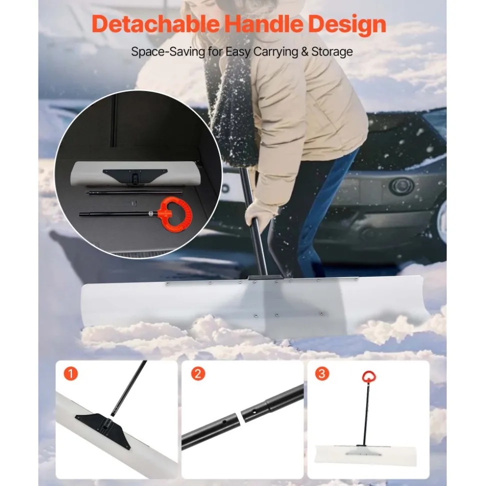 VEVOR Snow Pusher Shovel, 48 in Outdoor Snowplow Shovel with Ergonomic Grip, HDPE Plastic Blade, Winter Shovels with Segmented Handle, Metal Edged Strip, Portable Snow Removal Tool for Driveway Garden