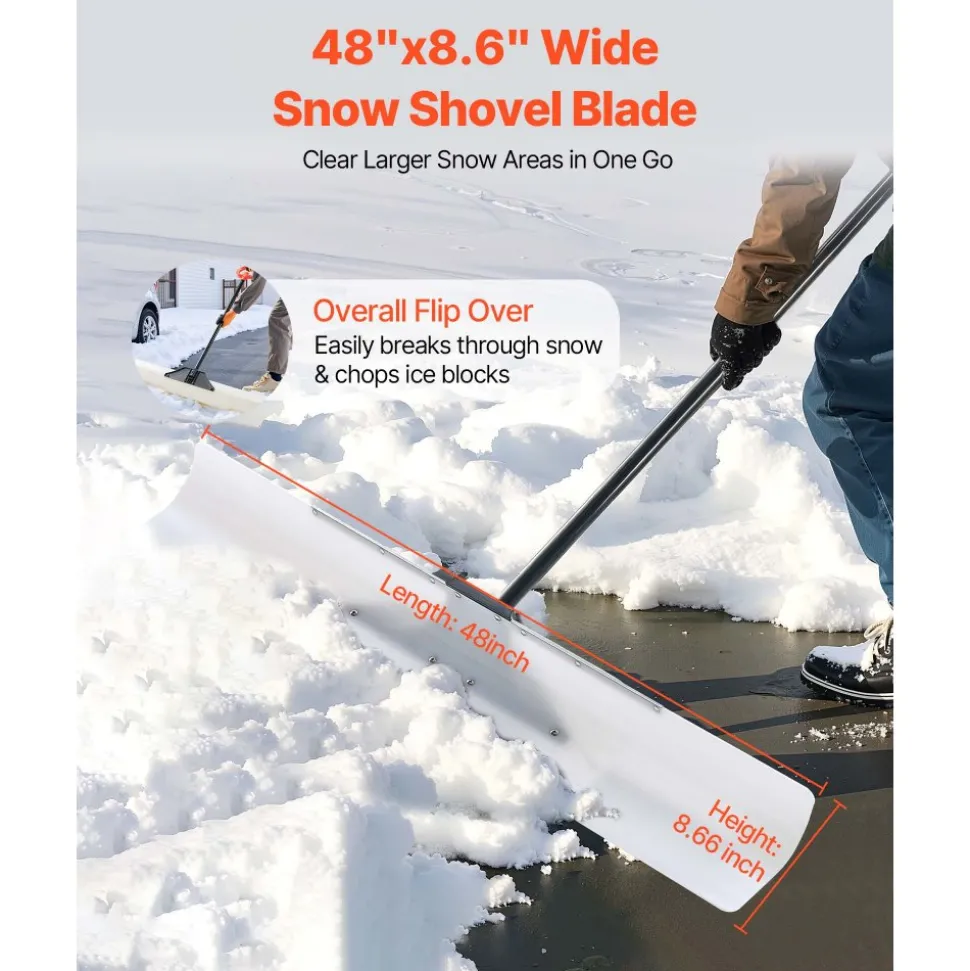 VEVOR Snow Pusher Shovel, 48 in Outdoor Snowplow Shovel with Ergonomic Grip, HDPE Plastic Blade, Winter Shovels with Segmented Handle, Metal Edged Strip, Portable Snow Removal Tool for Driveway Garden