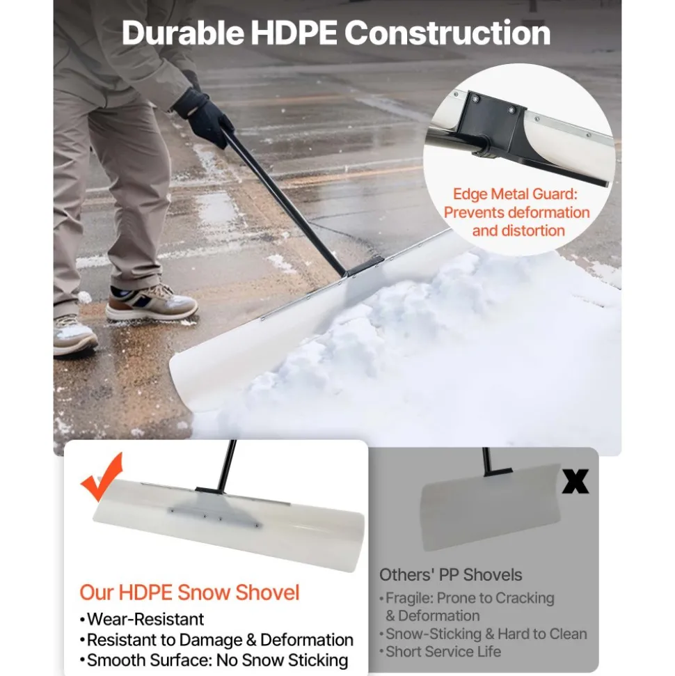 VEVOR Snow Pusher Shovel, 48 in Outdoor Snowplow Shovel with Ergonomic Grip, HDPE Plastic Blade, Winter Shovels with Segmented Handle, Metal Edged Strip, Portable Snow Removal Tool for Driveway Garden