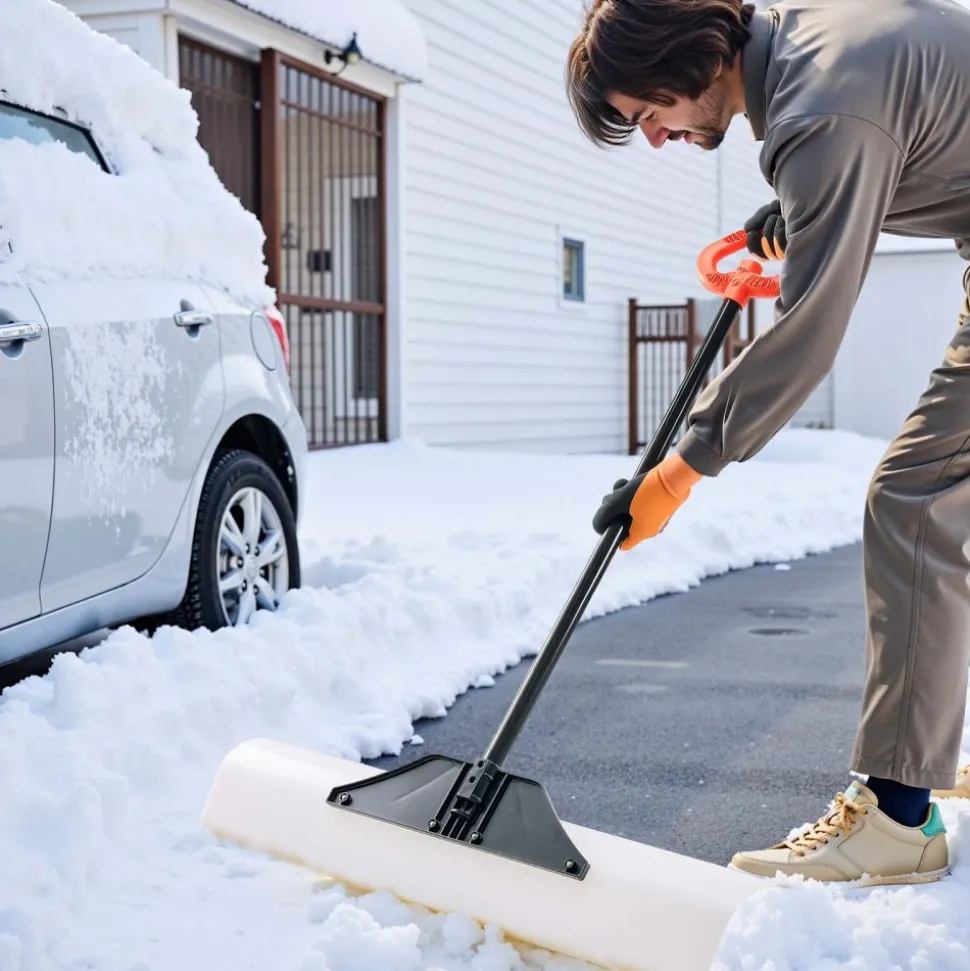 VEVOR Snow Pusher Shovel, 36 in Outdoor Snowplow Shovel with Ergonomic Grip, HDPE Plastic Blade, Winter Shovels with Segmented Handle, Metal Edged Strip, Portable Snow Removal Tool for Driveway Garden