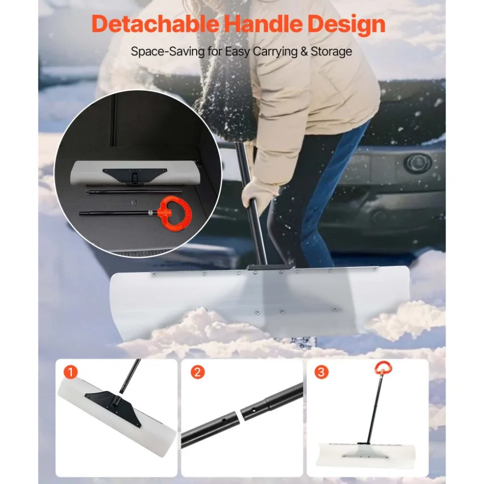 VEVOR Snow Pusher Shovel, 36 in Outdoor Snowplow Shovel with Ergonomic Grip, HDPE Plastic Blade, Winter Shovels with Segmented Handle, Metal Edged Strip, Portable Snow Removal Tool for Driveway Garden