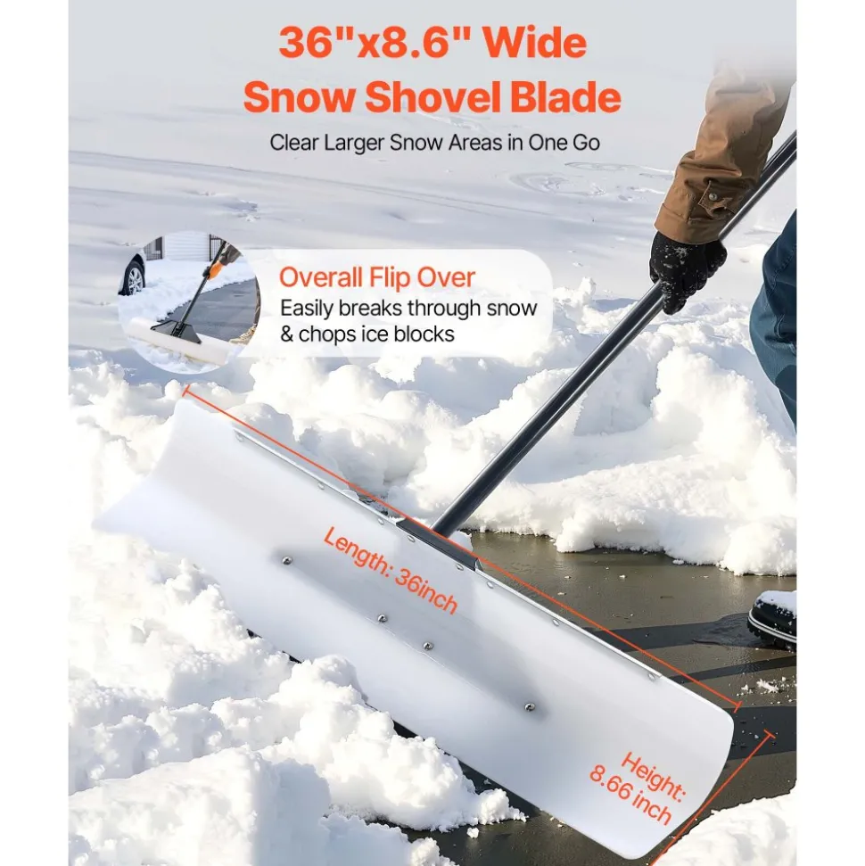 VEVOR Snow Pusher Shovel, 36 in Outdoor Snowplow Shovel with Ergonomic Grip, HDPE Plastic Blade, Winter Shovels with Segmented Handle, Metal Edged Strip, Portable Snow Removal Tool for Driveway Garden
