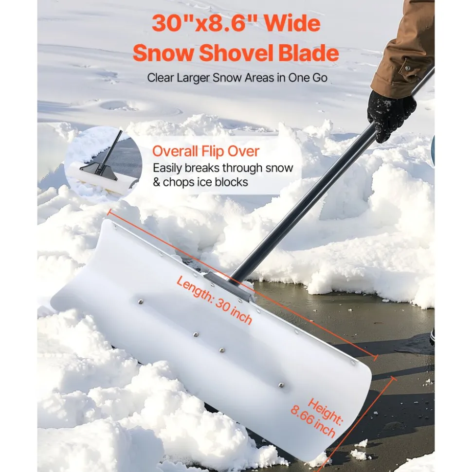 VEVOR Snow Pusher Shovel, 30 in Outdoor Snowplow Shovel with Ergonomic Grip, HDPE Plastic Blade, Winter Shovels with Segmented Handle, Metal Edged Strip, Portable Snow Removal Tool for Driveway Garden