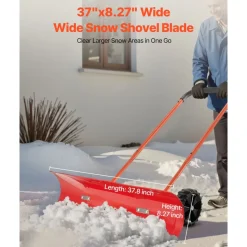 VEVOR Snow Pusher Shovel with Wheels, 24 in Wheeled Snowplow Shovel with Bi-Directional Angled Blade & 90 Degree Adjustable Handle, Metal Winter Shovels, Portable Snow Removal Tool for Driveway Garden