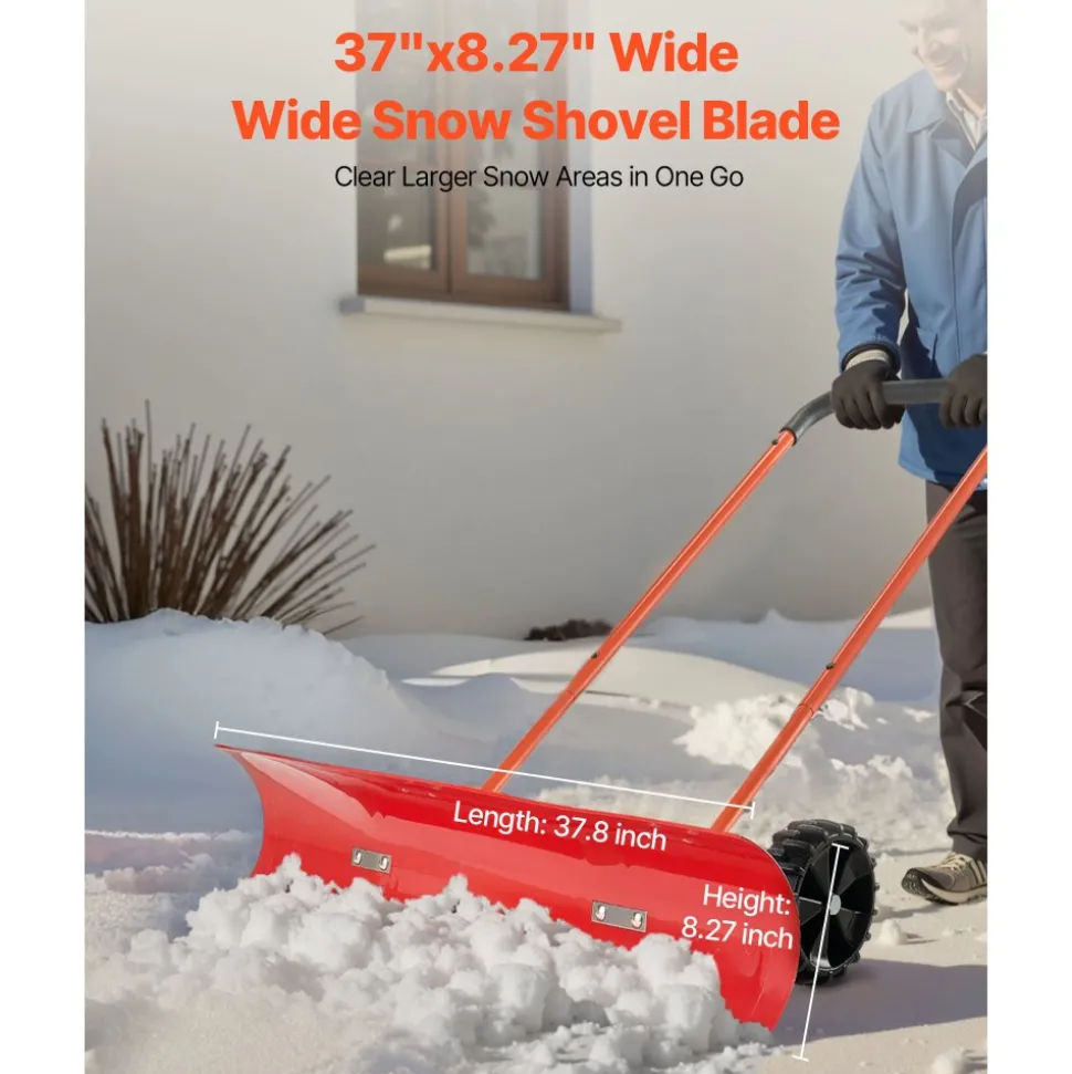 VEVOR Snow Pusher Shovel with Wheels, 37.8 in Wheeled Snowplow Shovel with Bi-Directional Angled Blade & 90° Adjustable Handle, Durable Plastic Winter Shovels, Portable Snow Removal Tool for Driveway