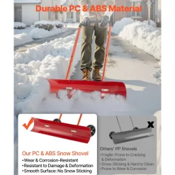 VEVOR Snow Pusher Shovel with Wheels, 37.8 in Wheeled Snowplow Shovel with Bi-Directional Angled Blade & 90° Adjustable Handle, Durable Plastic Winter Shovels, Portable Snow Removal Tool for Driveway