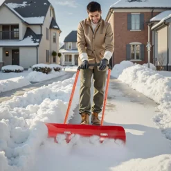 VEVOR Snow Pusher Shovel with Wheels, 37.8 in Wheeled Snowplow Shovel with Bi-Directional Angled Blade & 90° Adjustable Handle, Durable Plastic Winter Shovels, Portable Snow Removal Tool for Driveway