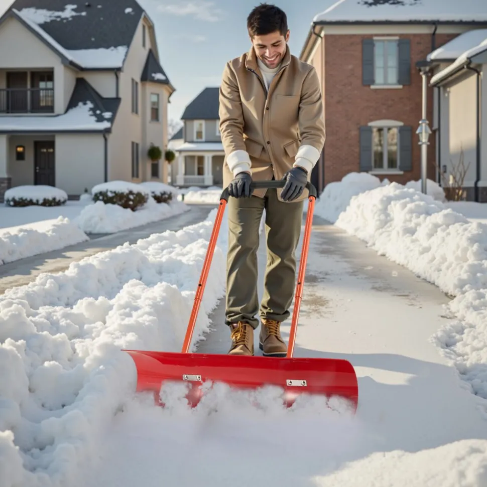 VEVOR Snow Pusher Shovel with Wheels, 37.8 in Wheeled Snowplow Shovel with Bi-Directional Angled Blade & 90° Adjustable Handle, Durable Plastic Winter Shovels, Portable Snow Removal Tool for Driveway