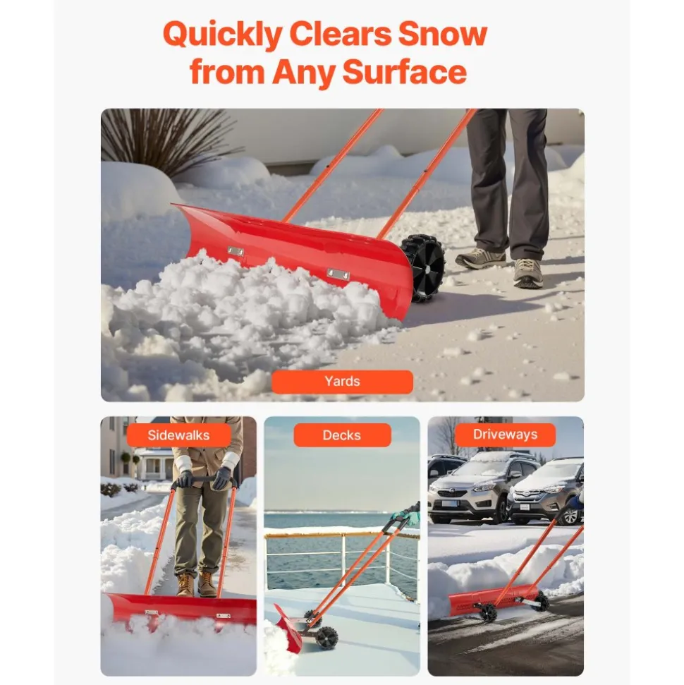 VEVOR Snow Pusher Shovel with Wheels, 37.8 in Wheeled Snowplow Shovel with Bi-Directional Angled Blade & 90° Adjustable Handle, Durable Plastic Winter Shovels, Portable Snow Removal Tool for Driveway
