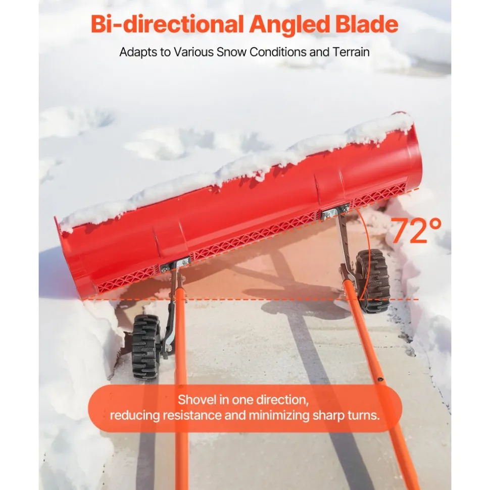 VEVOR Snow Pusher Shovel with Wheels, 37.8 in Wheeled Snowplow Shovel with Bi-Directional Angled Blade & 90° Adjustable Handle, Durable Plastic Winter Shovels, Portable Snow Removal Tool for Driveway