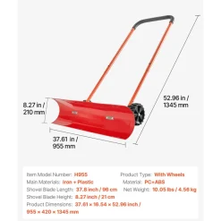 VEVOR Snow Pusher Shovel with Wheels, 37.8 in Wheeled Snowplow Shovel with Bi-Directional Angled Blade & 90° Adjustable Handle, Durable Plastic Winter Shovels, Portable Snow Removal Tool for Driveway