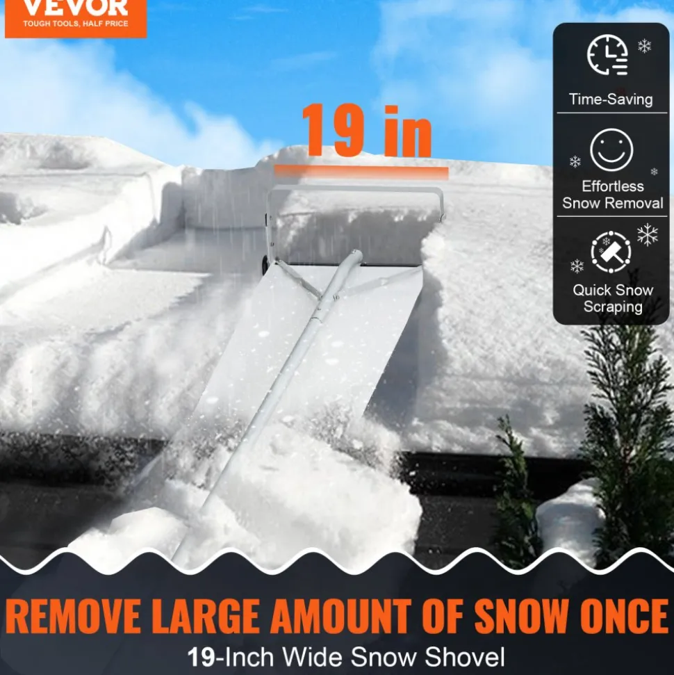 VEVOR Snow Roof Rake, 30ft Reach Aluminium Roof Shovel with Slide Cloth, Premium 19" Blade Snow Removal Tool, Safe on Roof with Roll Wheels, Anti-Slip Handle, Use for House Roof, Car Snow, Wet Leaves