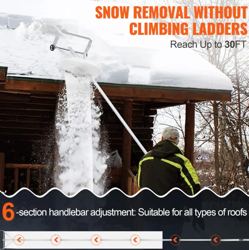 VEVOR Snow Roof Rake, 30ft Reach Aluminium Roof Shovel with Slide Cloth, Premium 19" Blade Snow Removal Tool, Safe on Roof with Roll Wheels, Anti-Slip Handle, Use for House Roof, Car Snow, Wet Leaves