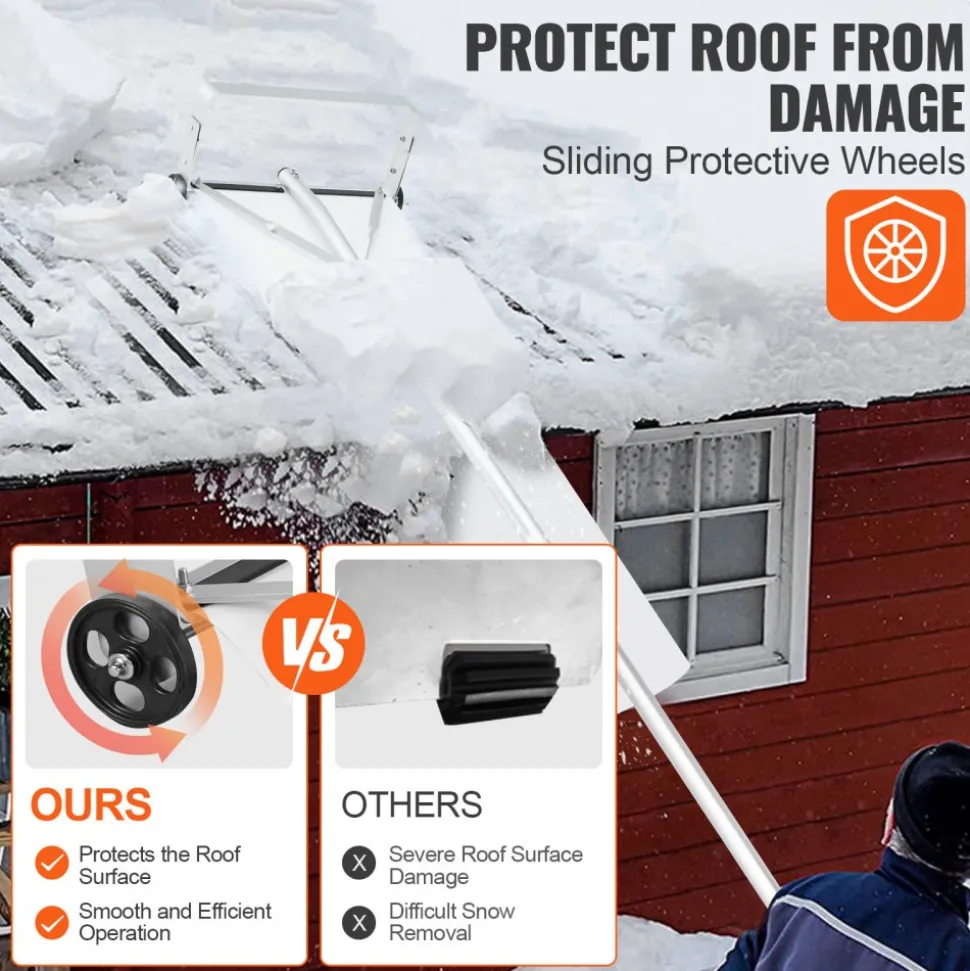 VEVOR Snow Roof Rake, 30ft Reach Aluminium Roof Shovel with Slide Cloth, Premium 19" Blade Snow Removal Tool, Safe on Roof with Roll Wheels, Anti-Slip Handle, Use for House Roof, Car Snow, Wet Leaves