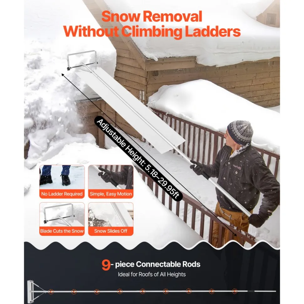VEVOR Snow Roof Rake, 18.5 in Aluminum Blade, 5.2-30 ft Adjustable Roof Snow Scraper with Wheels & Slide, , Lightweight Snows Removal Tool for House Rooftop Leaves Debris Clearing