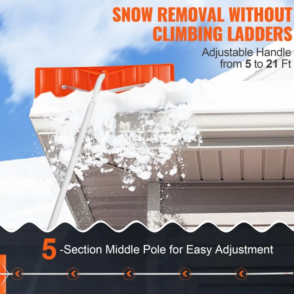 VEVOR Snow Roof Rake, 25" Plastic Blade Snow Removal Tool, 21ft Reach Aluminium Handle, Superior Roof Shovel with Anti-Slip Handle Grip, Easy to Setup & Use for House Roof, Car Snow, Wet Leaves