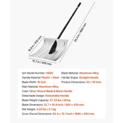 VEVOR Snow Shovel for Driveway, 16 in Wide Aluminum Alloy Snow Shovel, Non Slip Grip, Large Capacity Snowplow Shovels, Detachable & Lightweight Snows Removal Tool for Garden Car Camping Outdoors