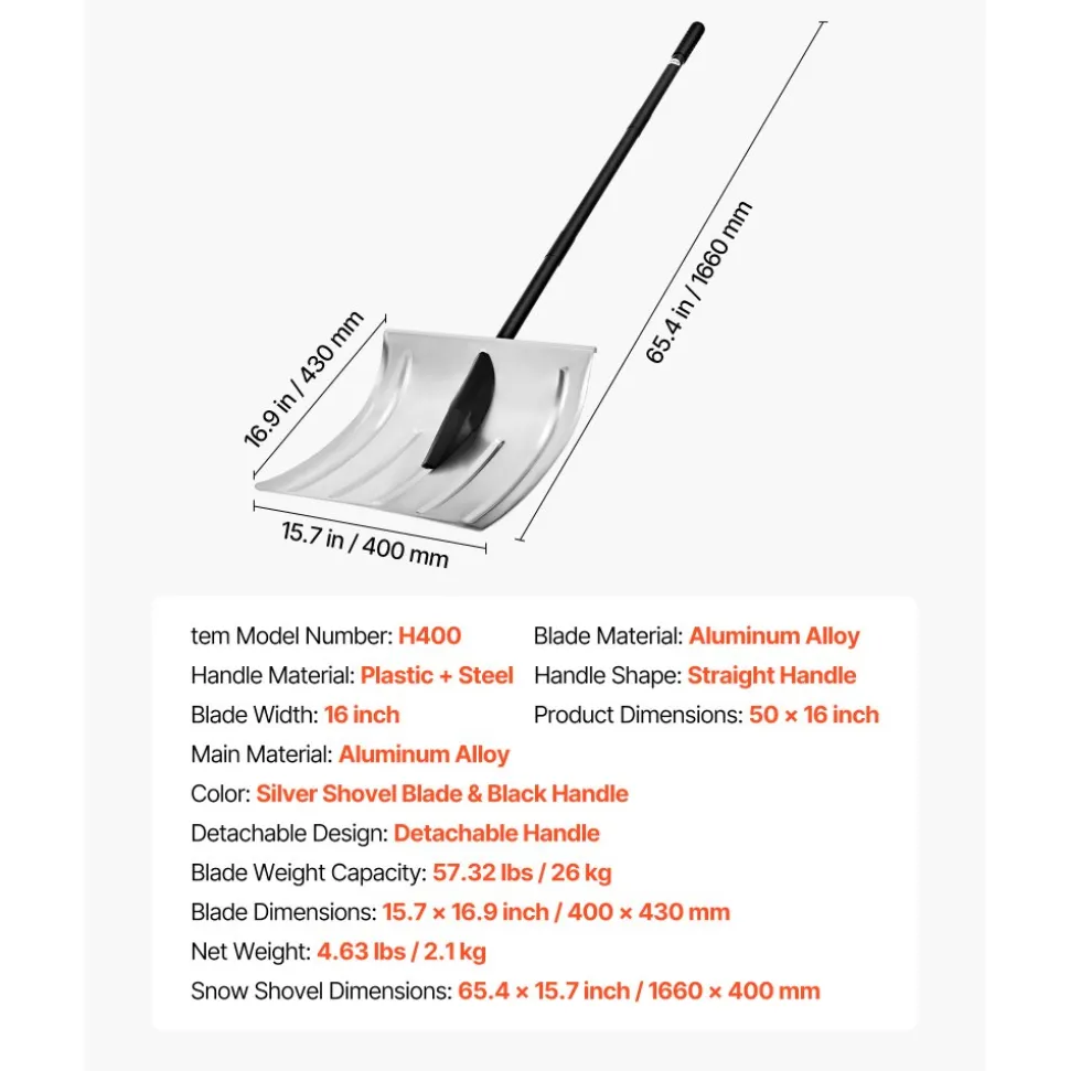 VEVOR Snow Shovel for Driveway, 16 in Wide Aluminum Alloy Snow Shovel, Non Slip Grip, Large Capacity Snowplow Shovels, Detachable & Lightweight Snows Removal Tool for Garden Car Camping Outdoors