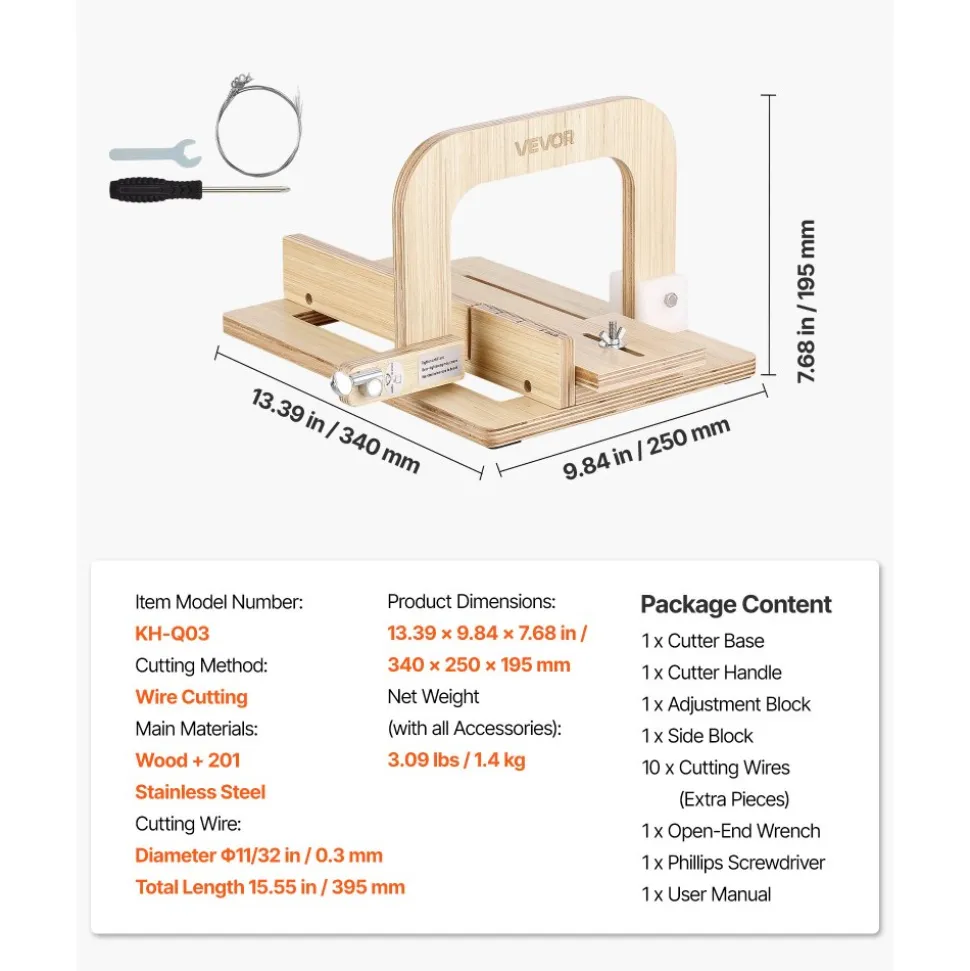 VEVOR Soap Cutter, 0-2 inch Adjustable Thickness, Wood Soap Slicer with Stainless Steel Adjustable Wire Tension, with Extra Wires, Multi Handmade Cutter for Candles, DIY Making Cutting Tool