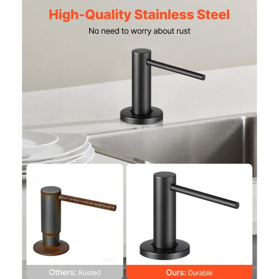 VEVOR Soap Dispenser for Kitchen Sink, Stainless Steel Built in Sink Soap Dispenser with 17OZ Refillable Bottle, Countertop Dish Soap-Dispenser with 360° Rotation Pump Head, for Kitchen Bathroom