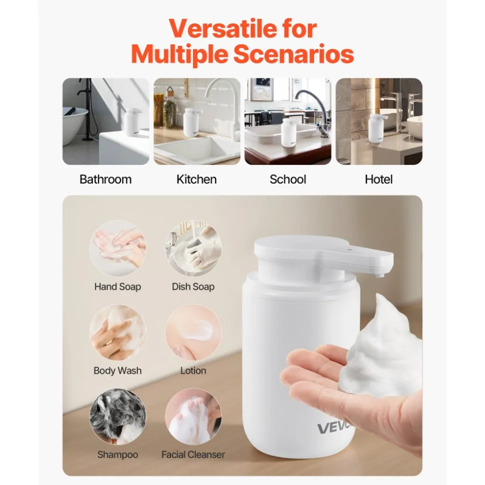 VEVOR Soap Dispenser, 300 ml / 10 oz, Rechargeable Automatic Hand Soap Dispenser with Pump, 2 Adjustable Levels, Modern Touchless Liquid Foam Container with Indicator for Bathroom and Kitchen, White