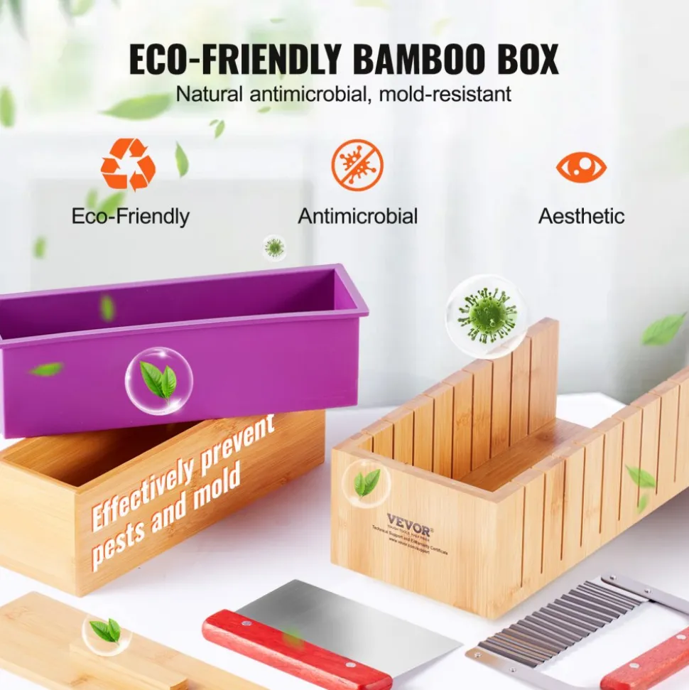 VEVOR Soap Making Kit, Bamboo Cutting Box and Inner Box with Silicone Mold, Stainless Steel Straight Cutter and Wavy Cutter, 100 Bags and 105 Stickers, Soap Making Supplies DIY Kits for Adults