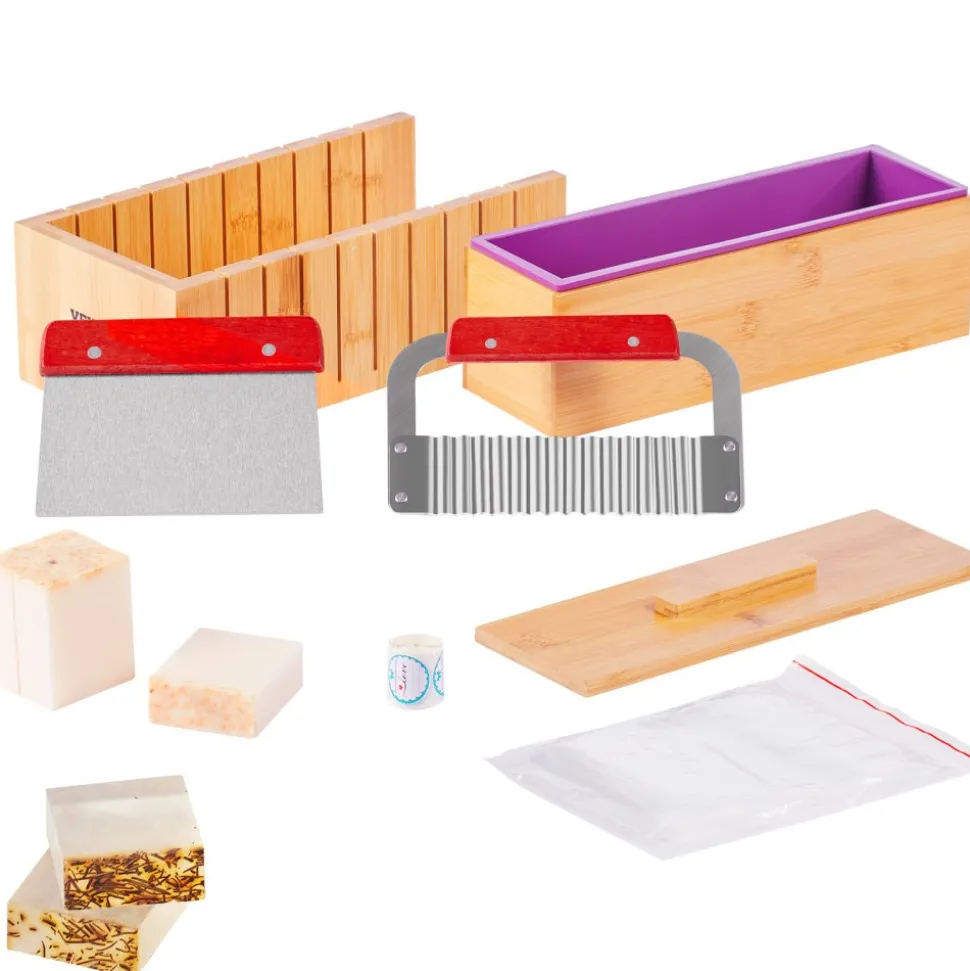 VEVOR Soap Making Kit, Bamboo Cutting Box and Inner Box with Silicone Mold, Stainless Steel Straight Cutter and Wavy Cutter, 100 Bags and 105 Stickers, Soap Making Supplies DIY Kits for Adults